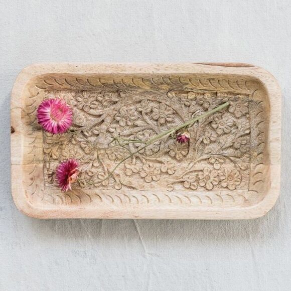 Hand Carved Mango Wood Tray Floral Design NWT boho catch all - Picture 1 of 4